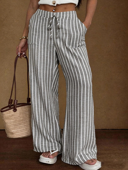 Striped Loose Commuter Casual Lace-up Elastic-waist Wide-leg Trousers