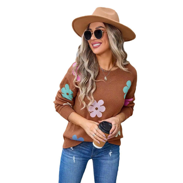 Women's Sweater Flowers Color-block Crew Neck - Stuffs & Savers