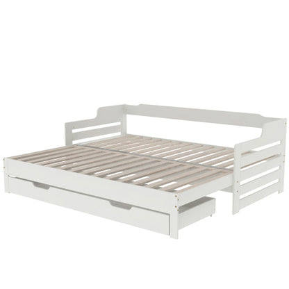 Daybed, Trundle And Drawer, Cabin Bed, SIngle Guest Bed Sofa Bed, Pull Out Trundle And Storage Drawer For Living Room And Bedroom -  3 90 X190 Cm - White