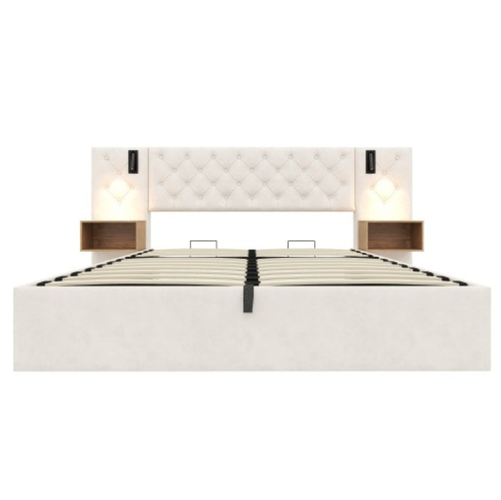King Upholstered Bed With Charging Station, Velvet Hydraulic Storage Bed With Reading Light, 5ft King Bed Frame With Handmade Button Tufted Wide Headboard And Bedside Storage, Beige