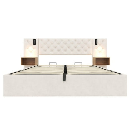 King Upholstered Bed With Charging Station, Velvet Hydraulic Storage Bed With Reading Light, 5ft King Bed Frame With Handmade Button Tufted Wide Headboard And Bedside Storage, Beige