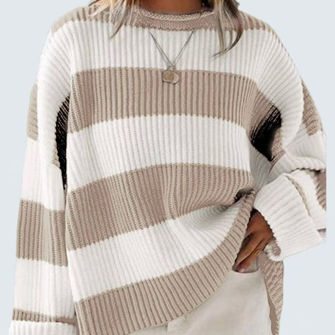 Women's Striped Pullover Sweater - Batwing Sleeve Knit Top