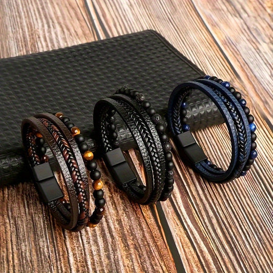 1pc Bracelet Homme Perles Œil de Tigre Unique Superposé Tressé Cuir Synthétique Mode Quotidienne