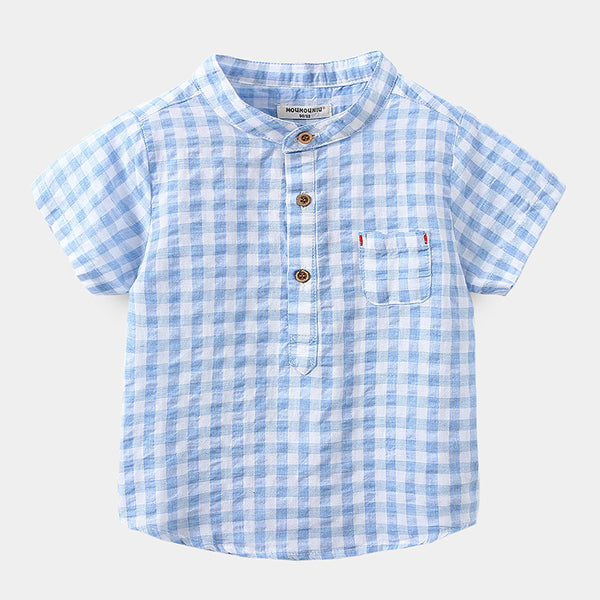 Children's Cotton Blue Short-sleeved Shirt Fashion Casual Short-sleeved Plaid Shirt - Stuffs & Savers