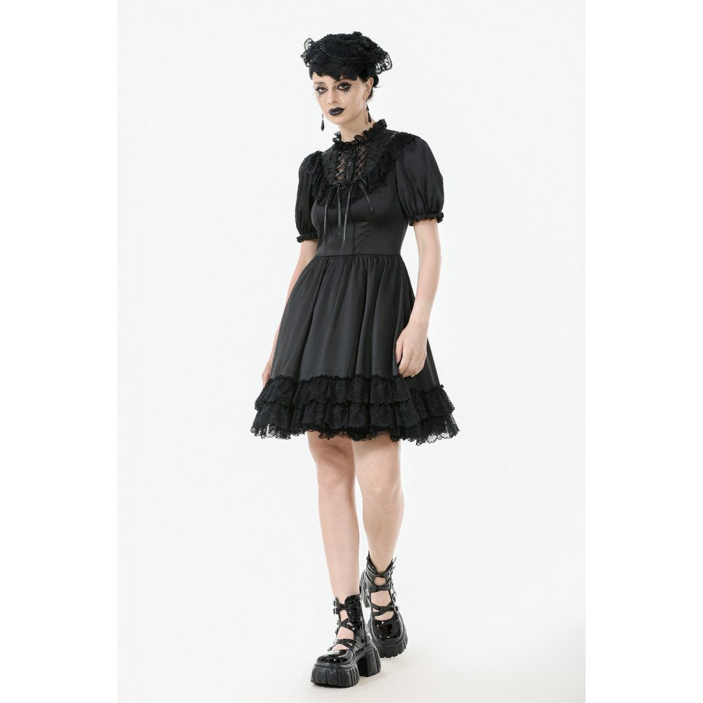 Robe Gothique Noire Dark in Love Belladonna à Manches Bouffantes et Col Montant Lacé