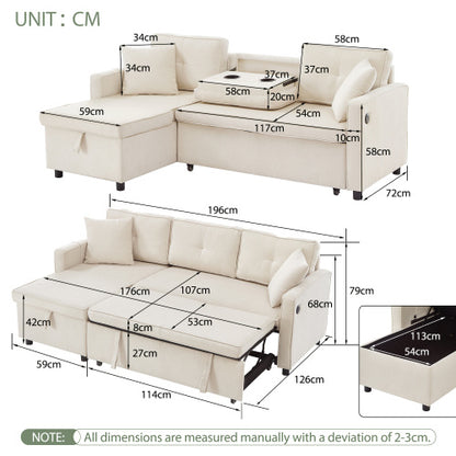 L-Shaped Pull Out Sleep Sofabed, Modern Reversible Sleeper Sectional Sofa, 3 In 1 Convertible Sofa Bed With Storage Chaise, Drop-Down Table, Cup Holders And Charging Ports