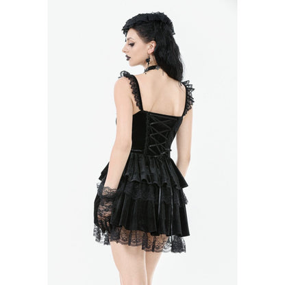 Dark in Love Nocturne Ruffled Velvet Lace Goth Dress in Black