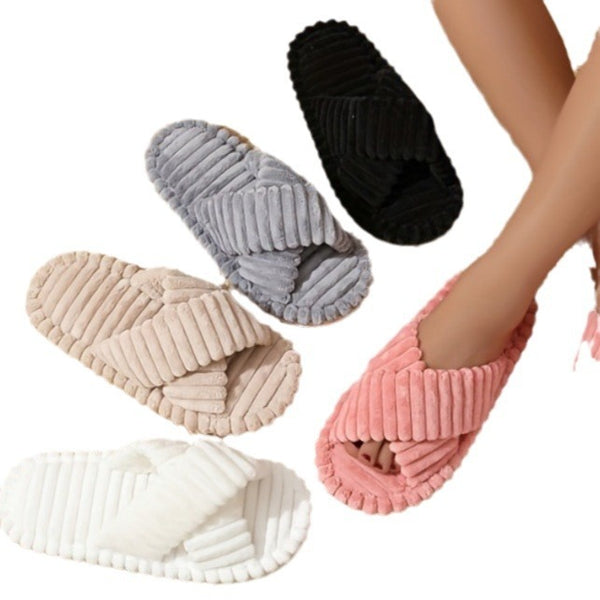Fur Cross Belt Cotton Slippers - Stuffs & Savers