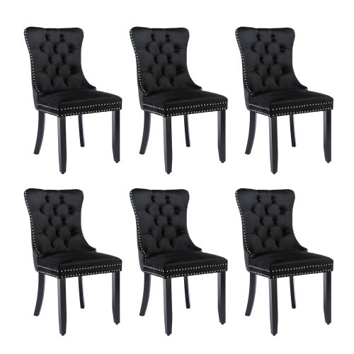Modern Set Of 6 Upholstered Velvet Dining Chairs, Button Tufted Kitchen Lounge Chairs With Brushed Wood Legs, Riveted Trim And Knocker Ring, For Dining Room Living Room