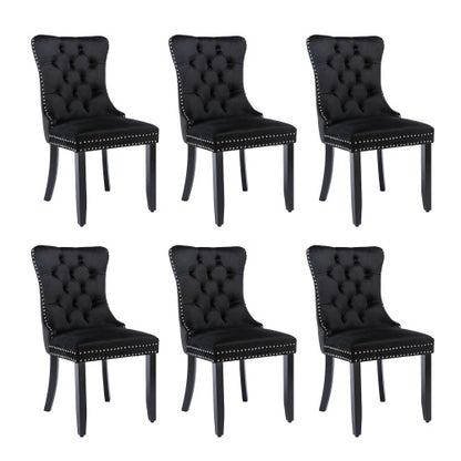 Modern Set Of 6 Upholstered Velvet Dining Chairs, Button Tufted Kitchen Lounge Chairs With Brushed Wood Legs, Riveted Trim And Knocker Ring, For Dining Room Living Room