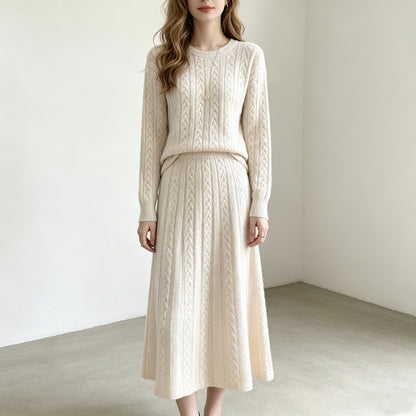 Round neck pullover sweater skirt set for women