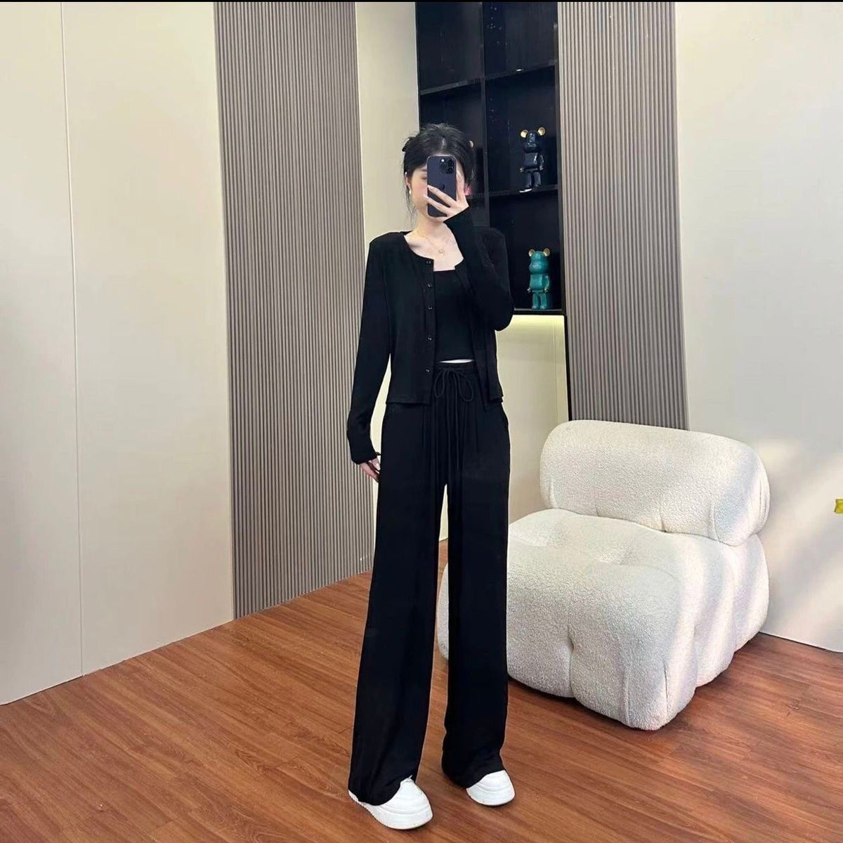 Wide-Leg Pants with Cardigan Jacket, 3-Piece Women's Outfit