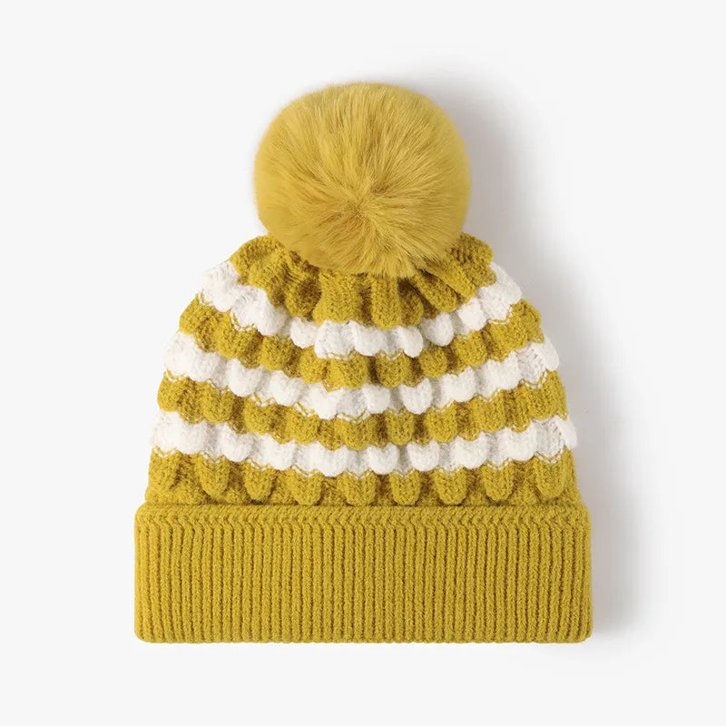 Striped contrast knit hat with pom-pom - view 1