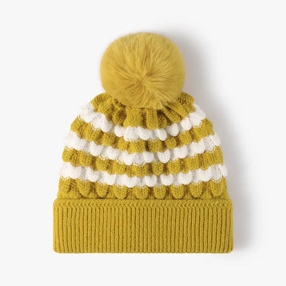 Striped contrast knit hat with pom-pom - view 1