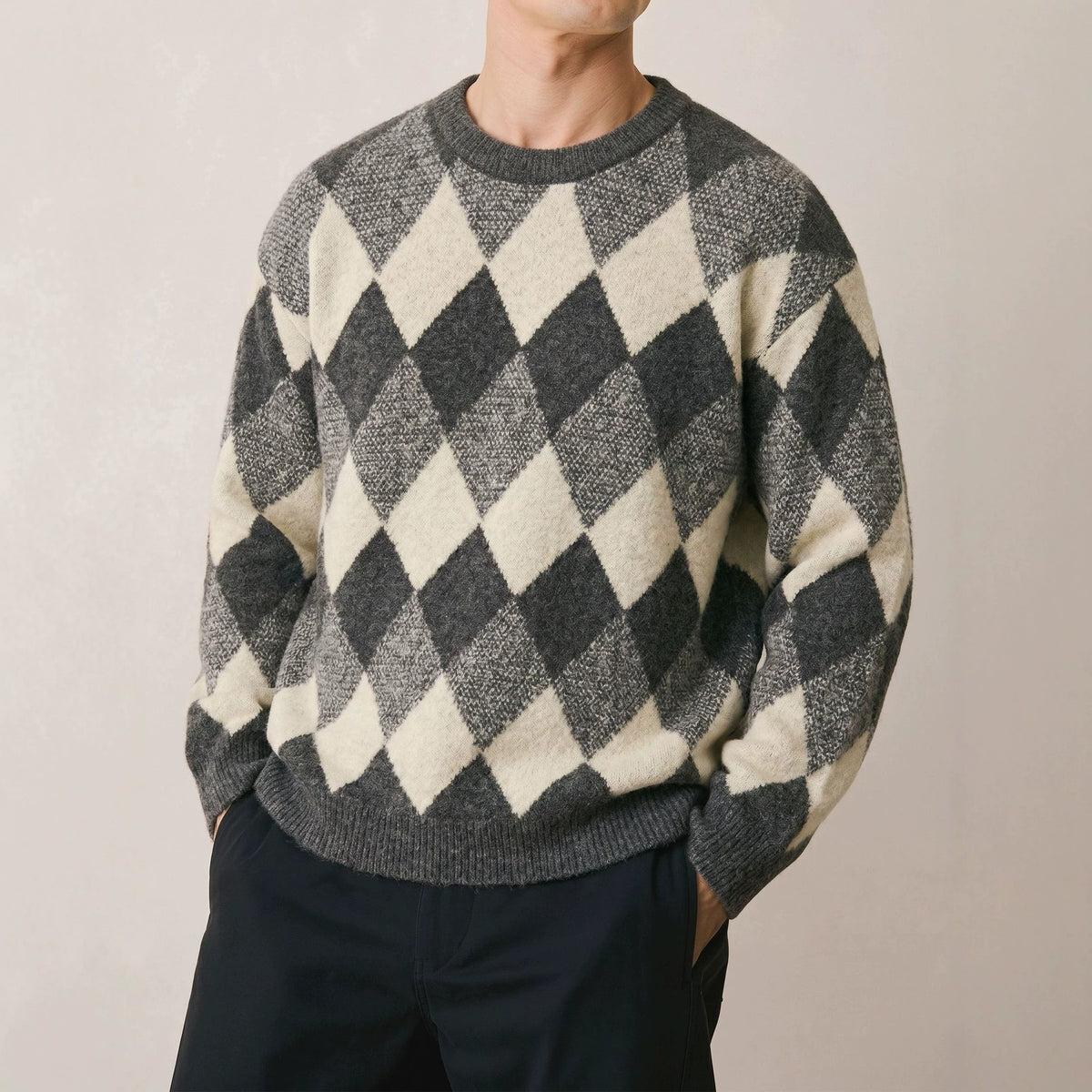 Diamond grid long sleeved sweater for men