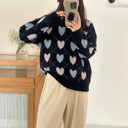 Love jacquard round neck sweater for women