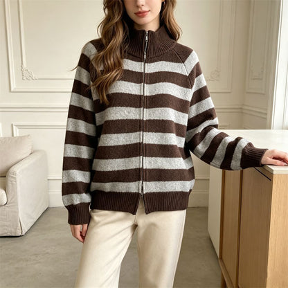 Contrast striped stand up collar sweater