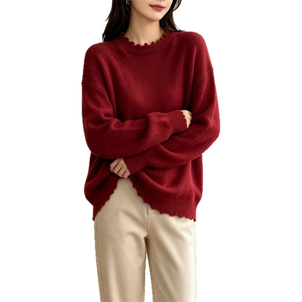 Solid color lace long sleeved pullover sweater