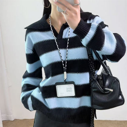 Loose collar contrasting striped pullover sweater for women