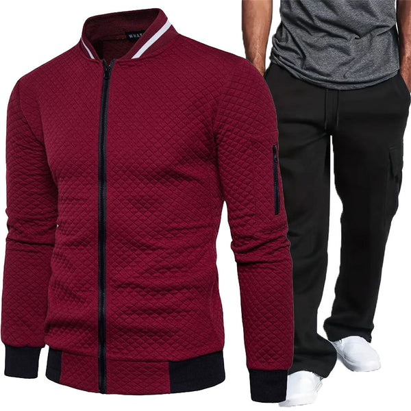 Casual Plaid Zip-Up Fleece-Lined Cargo Jacket and Pants Set
