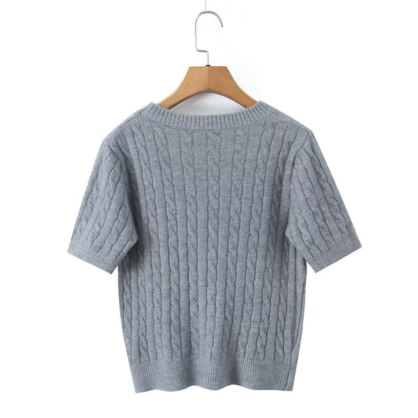 College-Style Embroidered Short-Sleeve Knit Sweater