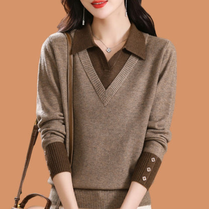 Fake two woolen sweaters women's color blocked base sweater