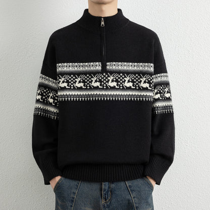 Casual Color Block Long Sleeve Half Zip Stand Collar Men's Sweater