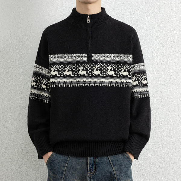 Casual Color Block Long Sleeve Half Zip Stand Collar Men's Sweater
