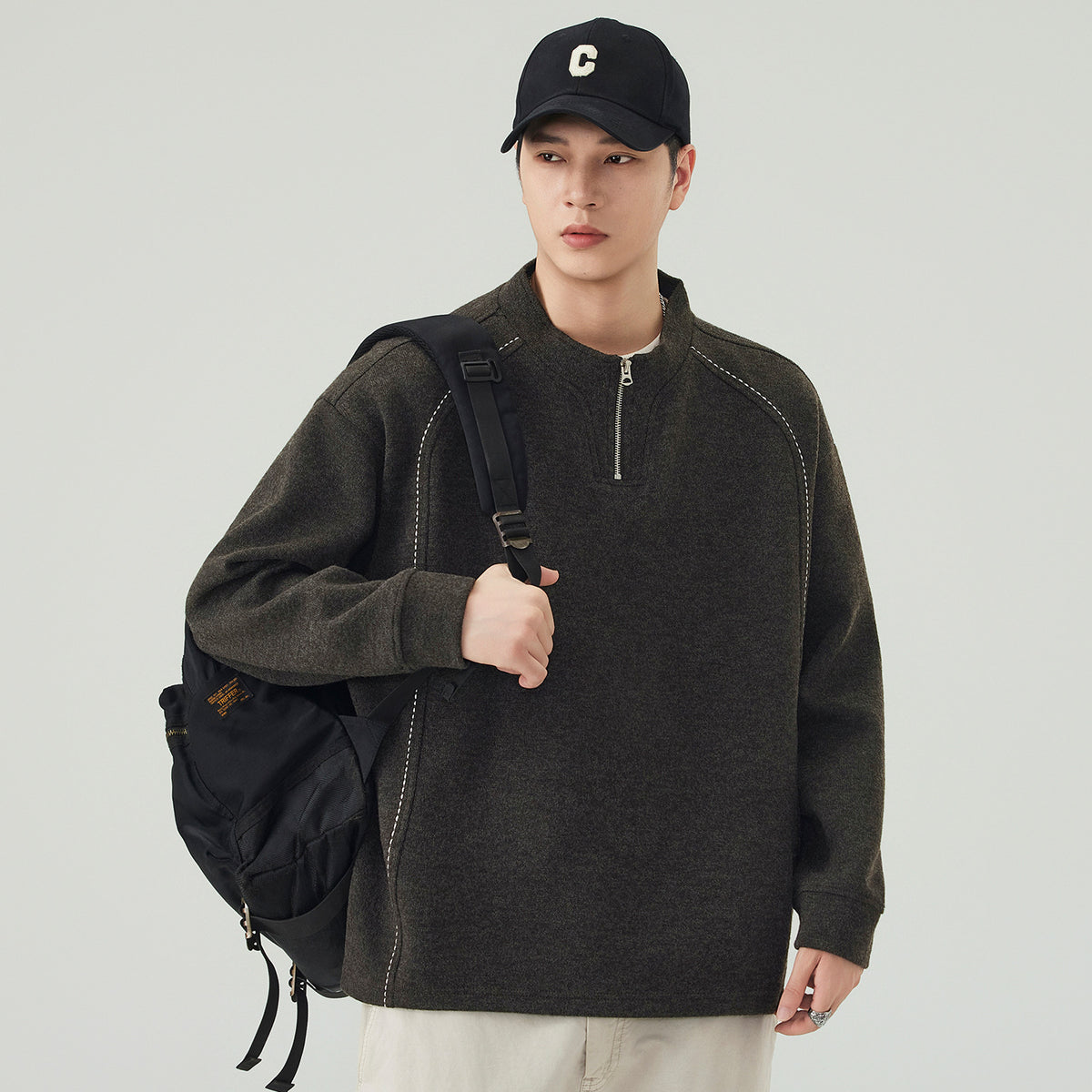 Casual Raglan Sleeve Half Zip Stand Collar Men's Sweatshirt