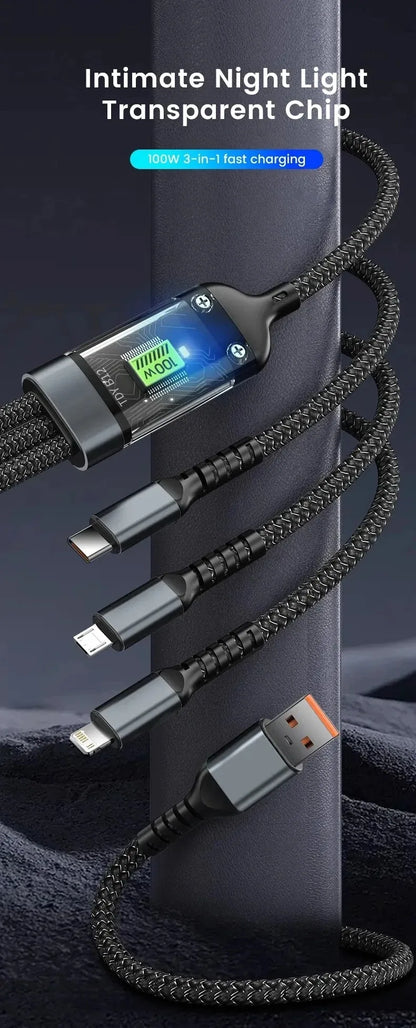3 In 1 100w Transparent Fast Charging Cable Type C Usb Micro For Iphone Samsung Huawei Xiaomi Pilot Lamp Charger Usb C 6A