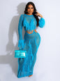 Women's Hollow Knit Beach Cover-Up | Faux Mink Fringe Long Skirt | High Waist | Acrylic | Boho Beachwear