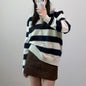 Loose collar contrasting striped pullover sweater for women