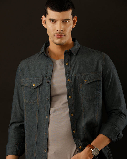 Men's Slim Fit Solid Denim Casual Shirt (AAKOL)