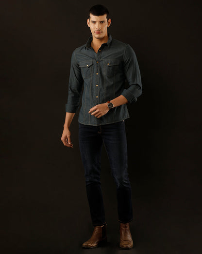 Men's Slim Fit Solid Denim Casual Shirt (AAKOL)