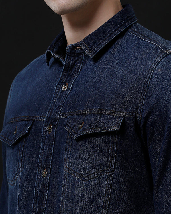 Men's Slim Fit Solid Denim Casual Shirt (AAMAL)
