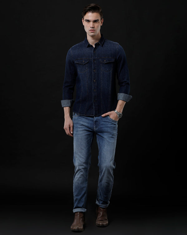 Men's Slim Fit Solid Denim Casual Shirt (AAMAL)