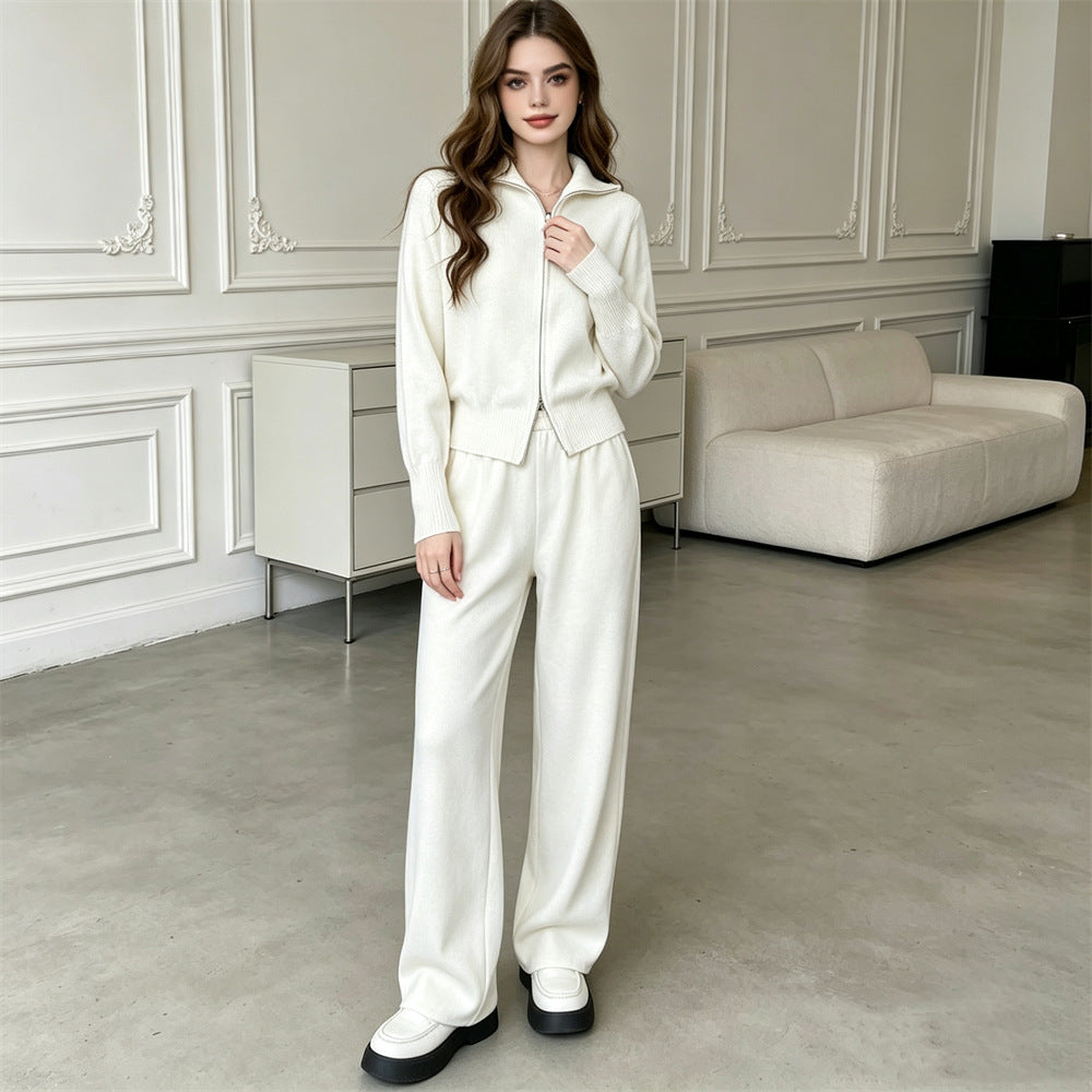 knitted sweater cardigan wide leg pants two-piece set