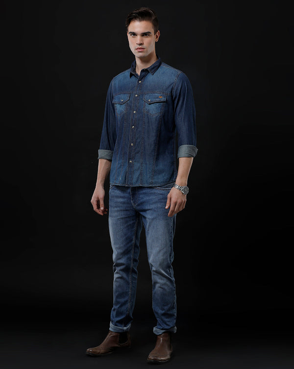 Men's Slim Fit Solid Denim Casual Shirt (ACHAL)