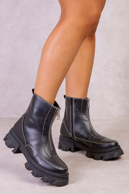 HAZEL CHUNKY ANKLE BOOT WITH FRONT ZIP  DETAIL IN BLACK FAUX LEATHER