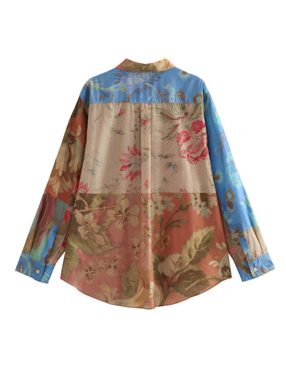 color blocked printed loose shirt with lace up straight leg pants set