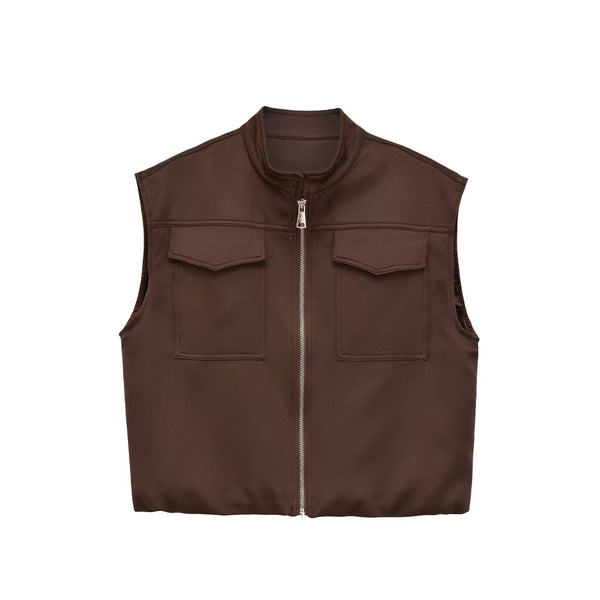 Flip zipper stand up collar loose vest