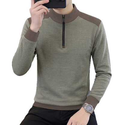 Men's Casual Striped Long Sleeve Mock Neck Half Zip Pullover T-Shirt