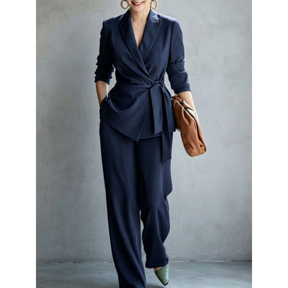 Fashionable Elegant Women's Casual Solid Color Suit Set with Belted Top and Pants
