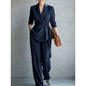Fashionable Elegant Women's Casual Solid Color Suit Set with Belted Top and Pants