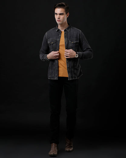 Men's Slim Fit Solid Denim Casual Shirt (AGODA)