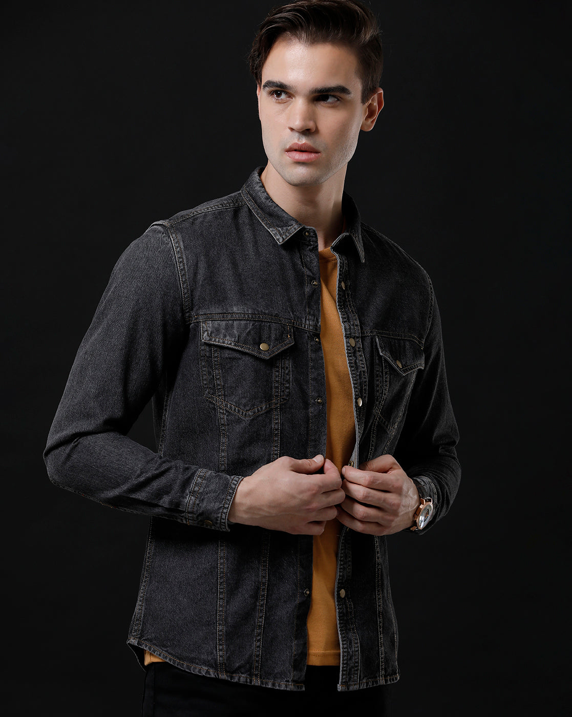 Men's Slim Fit Solid Denim Casual Shirt (AGODA)