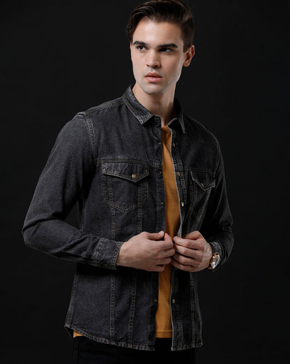 Men's Slim Fit Solid Denim Casual Shirt (AGODA)