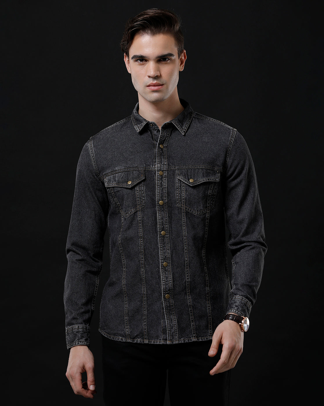 Men's Slim Fit Solid Denim Casual Shirt (AGODA)