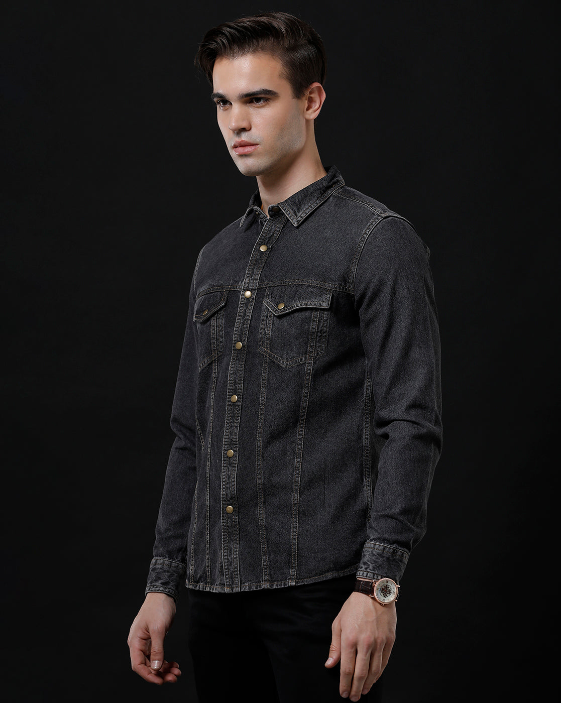 Men's Slim Fit Solid Denim Casual Shirt (AGODA)