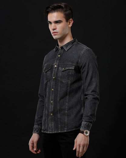 Men's Slim Fit Solid Denim Casual Shirt (AGODA)